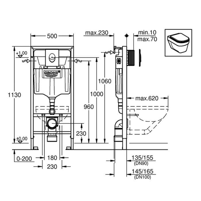 Инсталляционная система Grohe Rapid SL+ подвесной унитаз V&B O.Novo без ободка с крышкой (387260HR)